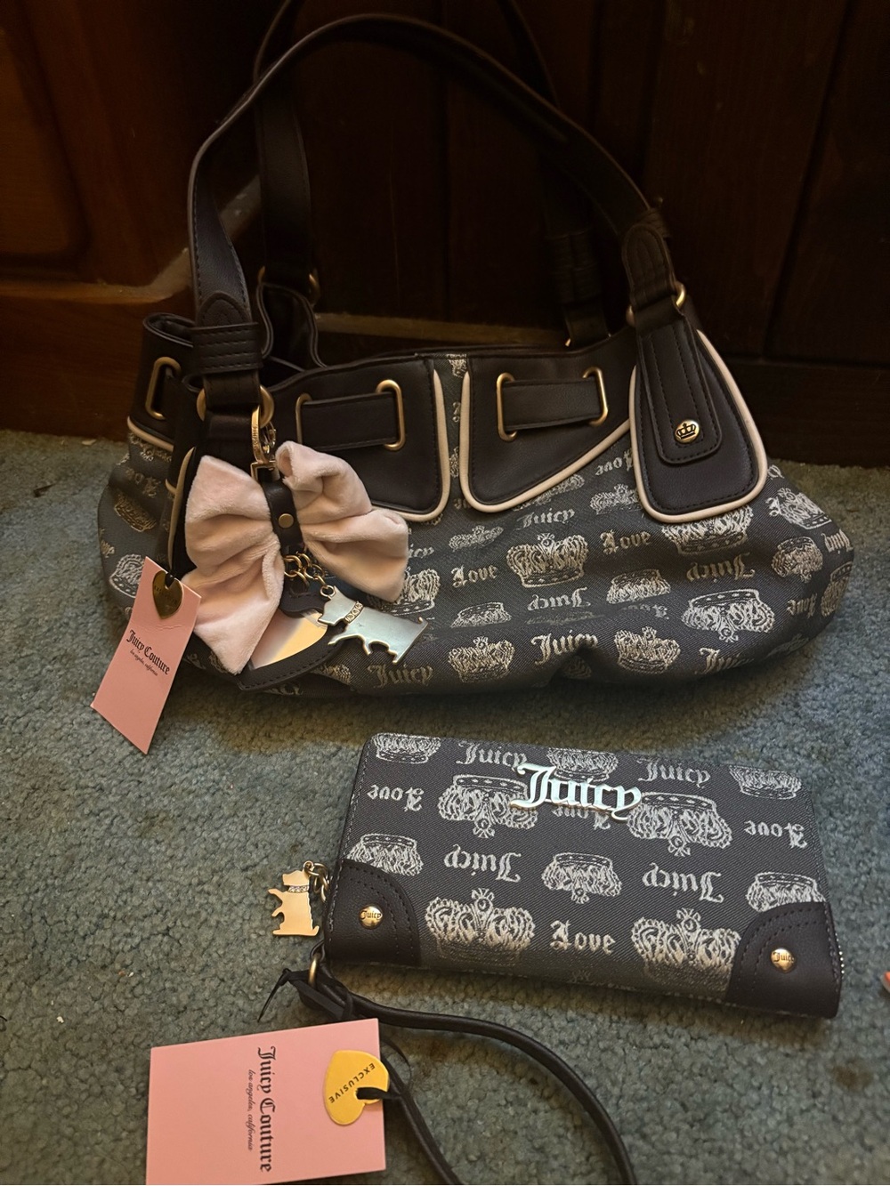 Juicy Couture Gray Logo Satchel with Dark Brown Trim and Bow Charm